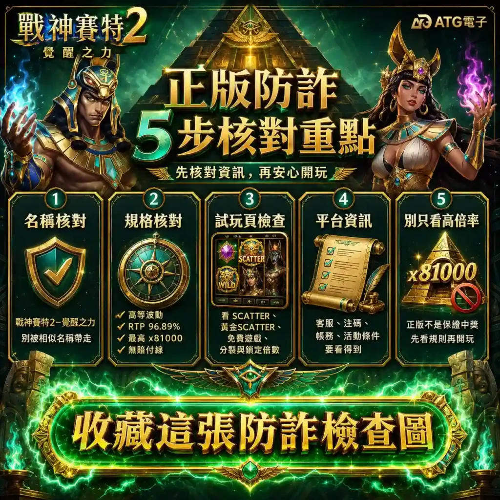 戰神賽特2正版防詐檢查圖，整理名稱、規格、試玩頁與平台資訊五項核對重點